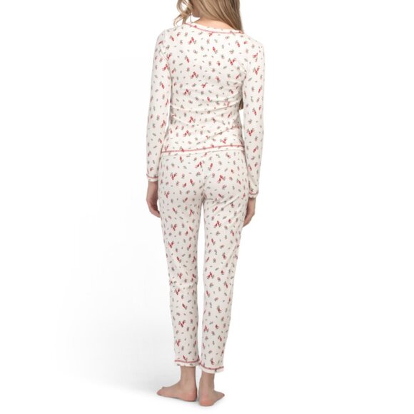 LAURA ASHLEY White 2pc Waffle Knit Cardinal Ditsy Pajama Top And Pants Set - Picture 2 of 2